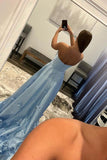 A-line Strapless Sky Blue Long Prom Dress With 3D Flowers,DS183-Daisybridals