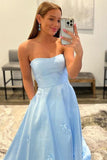 A-line Strapless Sky Blue Long Prom Dress With 3D Flowers,DS183-Daisybridals