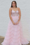 A-line Straps Plunging Neck Sequin Lace Pink Prom Dresses,DS150-Daisybridals