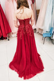 A-line Sweep Train Tulle Burgundy Prom Dress With Sequins,DS197-Daisybridals