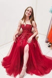 A-line Sweep Train Tulle Burgundy Prom Dress With Sequins,DS197-Daisybridals