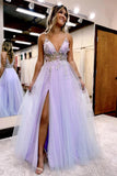 A-line V-Neck Spaghetti Straps Slit Tulle Lilac Prom Dress,DS233-Daisybridals