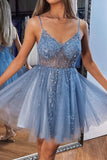 A-line V Neck Mini Tulle Homecoming Dress with Beading Sequins PD499-Daisybridals
