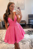 A-line V Neck Sequin Pink Homecoming Dresses Short Party Dresses  PD489-Daisybridals