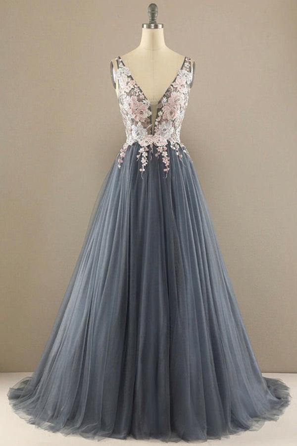 A-line V Neck Tulle Prom Dress Floral Lace Formal Dress,DS212-Daisybridals