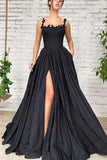 A Line Black Taffeta Split Long Prom Evening Dress With Pockets,DS107-Daisybridals