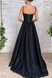 A Line Black Taffeta Split Long Prom Evening Dress With Pockets,DS107-Daisybridals
