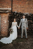 A Line Boho Lace Long Sleeves Open Back Rustic Wedding Dresses WD580 - Daisybridals
