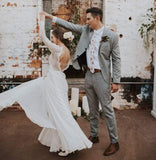 A Line Boho Lace Long Sleeves Open Back Rustic Wedding Dresses WD580 - Daisybridals