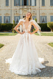 A Line Deep V-neck Boho Wedding Dress With Lace Appliques,DW069-Daisybridals