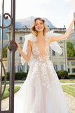 A Line Deep V-neck Boho Wedding Dress With Lace Appliques,DW069-Daisybridals