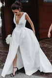 A Line Deep V Neck White Simple Wedding Dresses Bridal Gown,DW018-Daisybridals