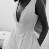 A Line Deep V Neck White Simple Wedding Dresses Bridal Gown,DW018-Daisybridals