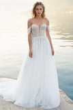 A Line Off Shoulder Sweetheart Beading Beach Wedding Dress-Daisybridals