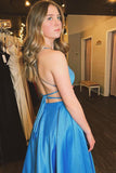 A Line Scoop Neck Spaghetti Straps Blue Satin Long Prom Dress With Slit PSK363 - Pgmdress