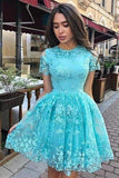 A Line Short Sleeve Lace Short Prom Dress Pink Homecoming Dress,DH157-Daisybridals