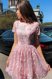 A Line Short Sleeve Lace Short Prom Dress Pink Homecoming Dress,DH157-Daisybridals
