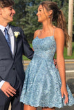 A Line Spaghetti Straps Cross Back Blue Homecoming Dress,DH139-Daisybridals