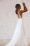 A Line V-neck White Tulle Beach Wedding Dress Simple Bridal Gown-Daisybridals