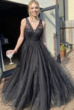 A Line V Neck Black Tulle Black Long Prom Dress Formal Dress,DS231-Daisybridals