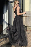 A Line V Neck Black Tulle Black Long Prom Dress Formal Dress,DS231-Daisybridals