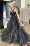 A Line V Neck Black Tulle Black Long Prom Dress Formal Dress,DS231-Daisybridals