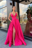 A Line V Neck Satin Split Pink Long Prom Dress With Pockets,DS154-Daisybridals