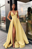 A Line V Neck Satin Split Pink Long Prom Dress With Pockets,DS154-Daisybridals