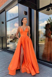 A Line V Neck Satin Split Pink Long Prom Dress With Pockets,DS154-Daisybridals