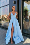 A Line V Neck Satin Split Pink Long Prom Dress With Pockets,DS154-Daisybridals