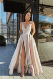 A Line V Neck Satin Split Pink Long Prom Dress With Pockets,DS154-Daisybridals