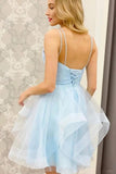 A Line V Neck Short Blue Prom Dresses Tulle Homecoming Dresses PD457 - Daisybridals