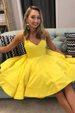 A Line V Neck Short Yellow Prom Dresses Satin Homecoming Dresses PD467 - Daisybridals