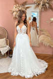 A Line V Neck Tulle Lace Fairy Wedding Dress With Court Train-Daisybridals