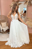 A Line V Neck Tulle Lace Fairy Wedding Dress With Court Train
