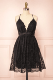Black Lace Straps A-line Short Party Dress Lace Homecoming Dresses PD466 - Daisybridals