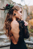 Sweetheart Long Sleeves Lace Backless Black Wedding Dress,DW061-Daisybridals