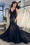 Black Tulle Appliques V-Neck Trumpet Long Wedding Dress,DW060-Daisybridals