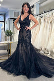 Black Tulle Appliques V-Neck Trumpet Long Wedding Dress,DW060-Daisybridals
