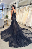 Black Tulle Appliques V-Neck Trumpet Long Wedding Dress,DW060-Daisybridals