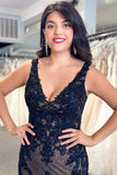 Black Tulle Appliques V-Neck Trumpet Long Wedding Dress,DW060-Daisybridals