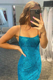 Blue Decorative Pattern Halter Lace Tight Homecoming Dress PD498-Daisybridals
