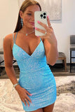 Blue Spaghetti Straps Stripe Sequin Tight Short Homecoming Dress PD469 - Daisybridals