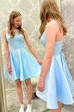 Blue Satin Beads Short Prom Dress Blue Homecoming Dress,DH160-Daisybridals