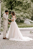 A-line Boho Champagne Wedding Dress Off The Shoulder Bridal Gown,DW033-Daisybridals