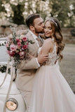 A-line Boho Champagne Wedding Dress Off The Shoulder Bridal Gown,DW033-Daisybridals