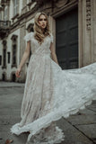 Cap Sleeves Open Back Ivory Lace Bohemian Wedding Dress,DW074
