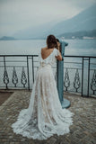 Cap Sleeves Open Back Ivory Lace Bohemian Wedding Dress,DW074