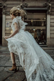Cap Sleeves Open Back Ivory Lace Bohemian Wedding Dress,DW074