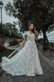 Cap Sleeves Open Back Ivory Lace Bohemian Wedding Dress,DW074